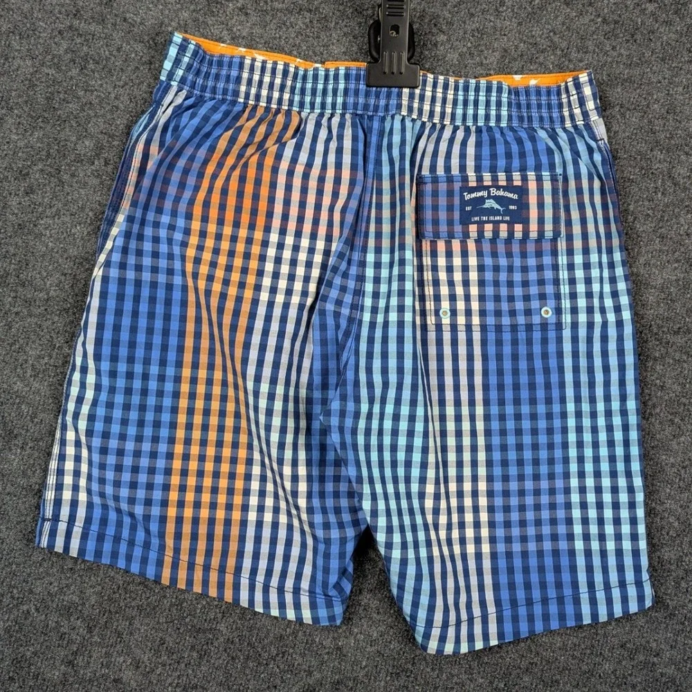 Tommy Bahama Mens Blue‎ Orange Gingham Plaid Swim Trunks Board Shorts Medium